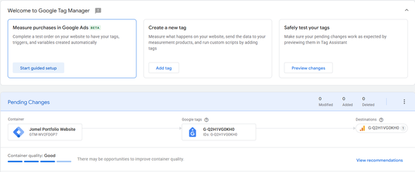 Google Tag Manager workspace for the Jomel Portfolio Website container — the active Google Tag is connected to Google Analytics 4 with no pending changes and container quality rated Good