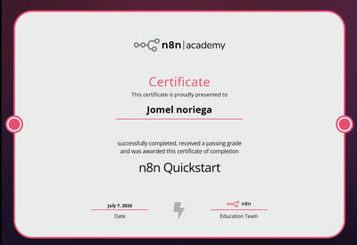 n8n Quickstart certificate awarded to Jomel Noriega by the n8n Academy — click to enlarge