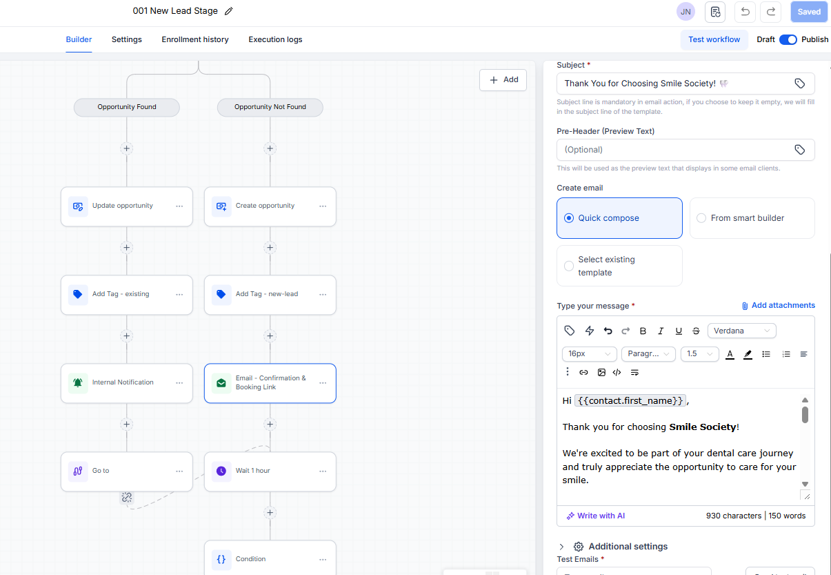 GoHighLevel workflow builder showing the confirmation email editor: subject line 'Thank You for Choosing Smile Society!' and a personalized message using the contact first-name merge field