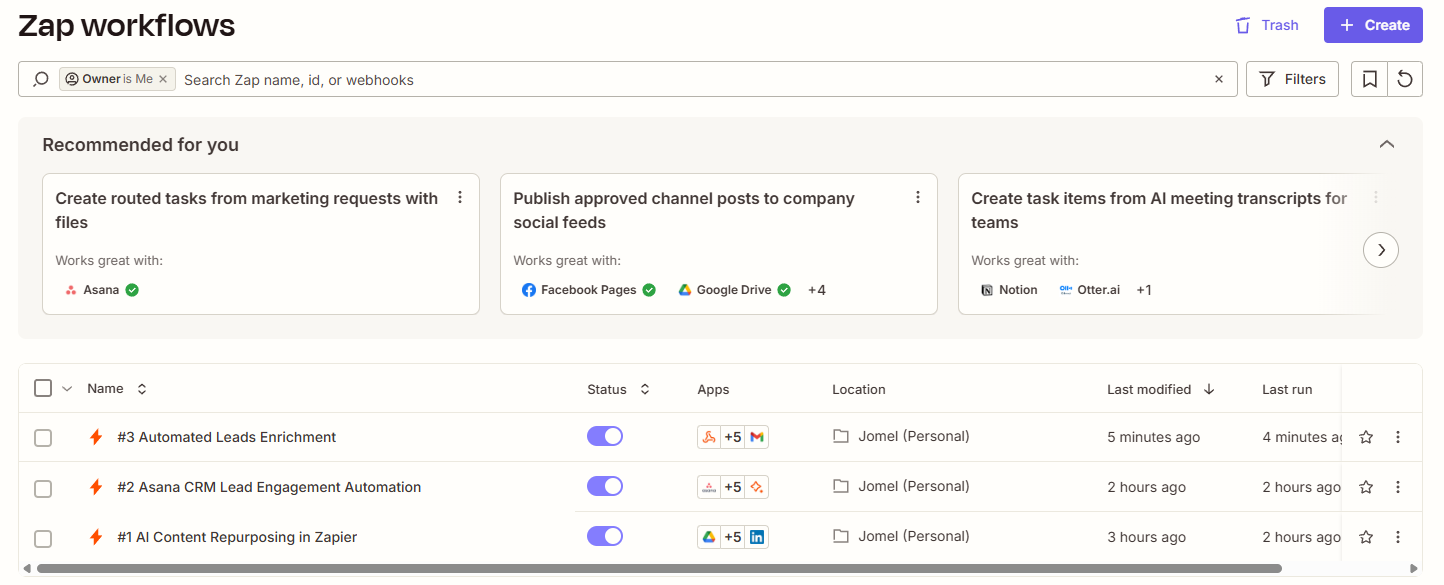 Zapier Zap workflows list showing three published automations: #3 Automated Leads Enrichment, #2 Asana CRM Lead Engagement Automation, and #1 AI Content Repurposing in Zapier, all turned on